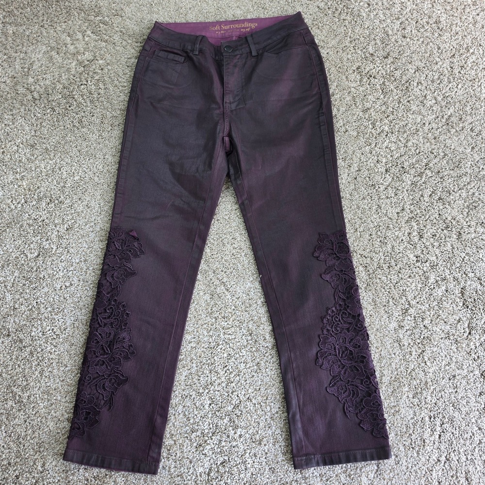 Soft Surroundings Pants Womens 4P Purple Coated Lace Trim Straight Leg Ladies